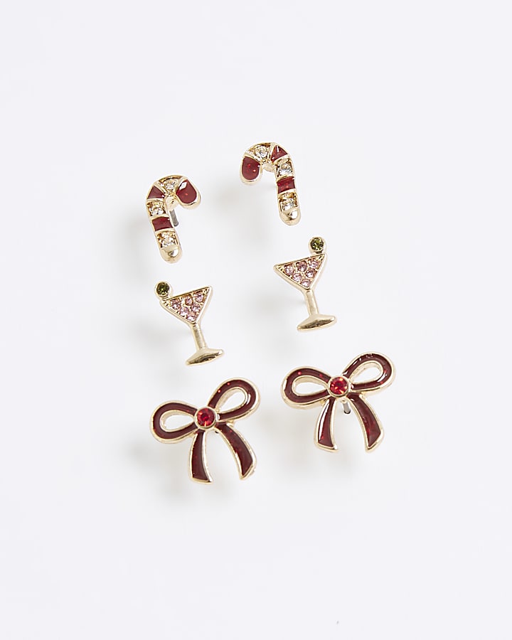 River Island Gold 3 Pack Christmas Stud Earrings