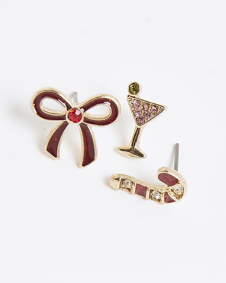 River Island Gold 3 Pack Christmas Stud Earrings