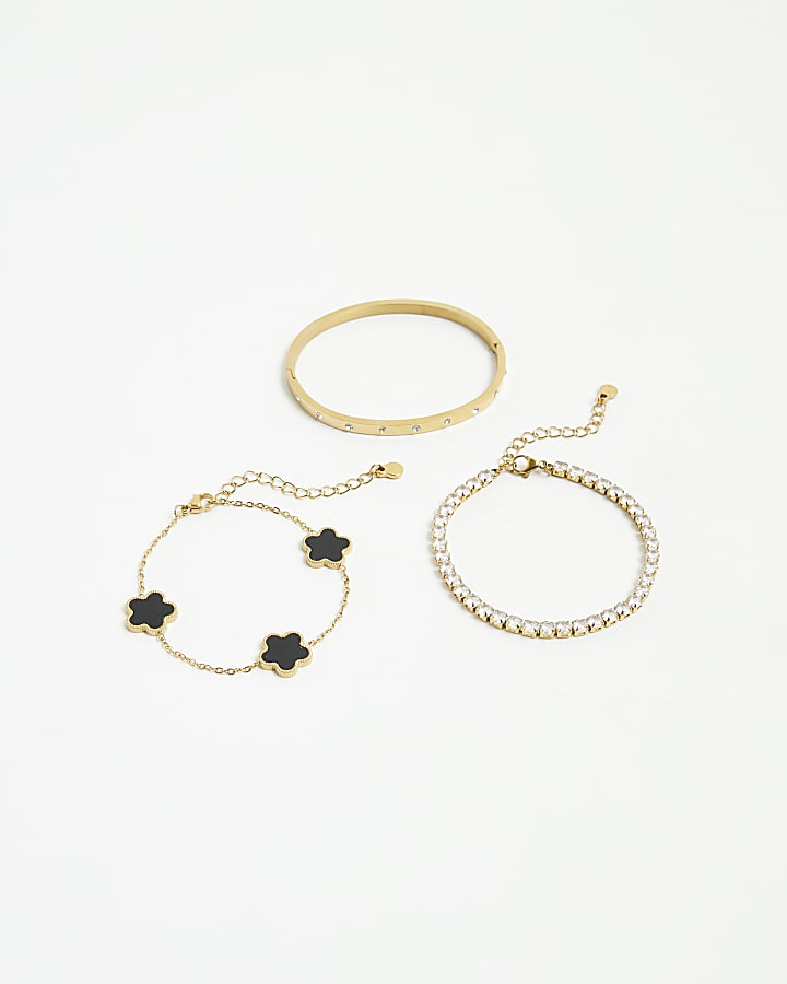River Island Gold 3 Pack Diamante Flower Bracelets