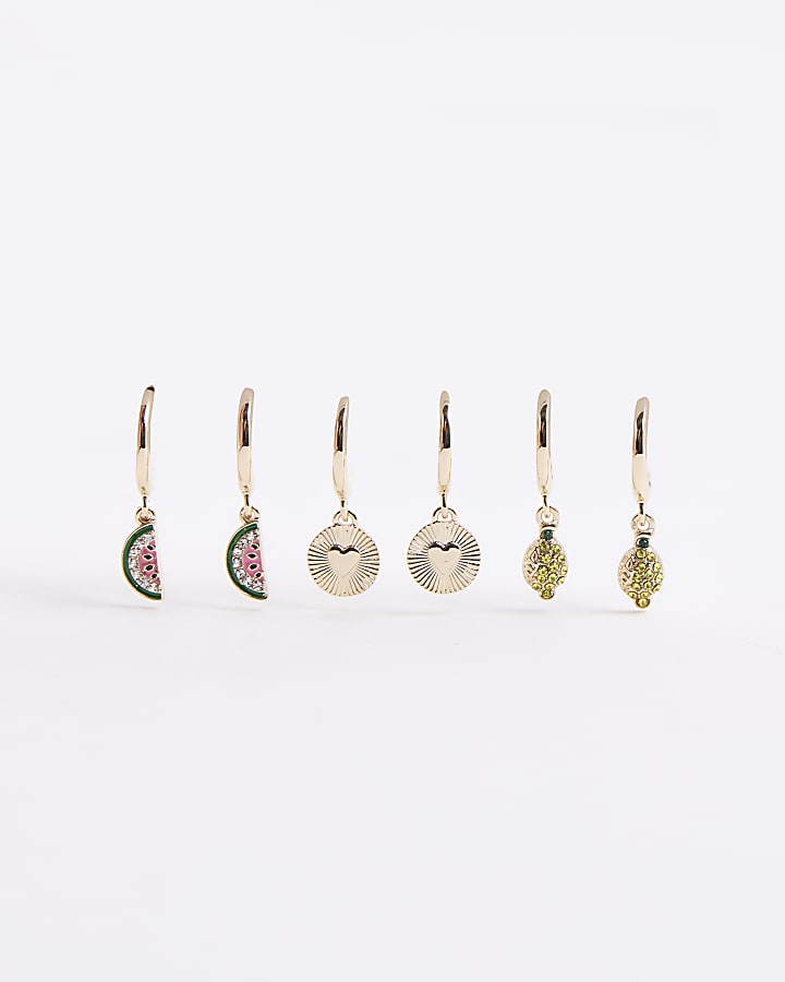 River Island Gold 3 Pack Drop Hoop Fruit Earrings
