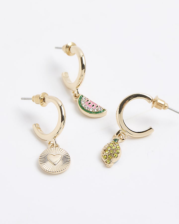 River Island Gold 3 Pack Drop Hoop Fruit Earrings