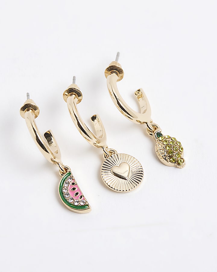 River Island Gold 3 Pack Drop Hoop Fruit Earrings