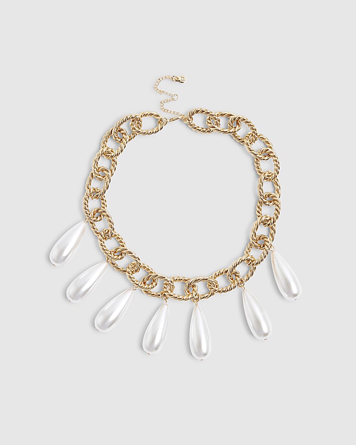 River Island Gold Chain Pearl Collar Necklace
