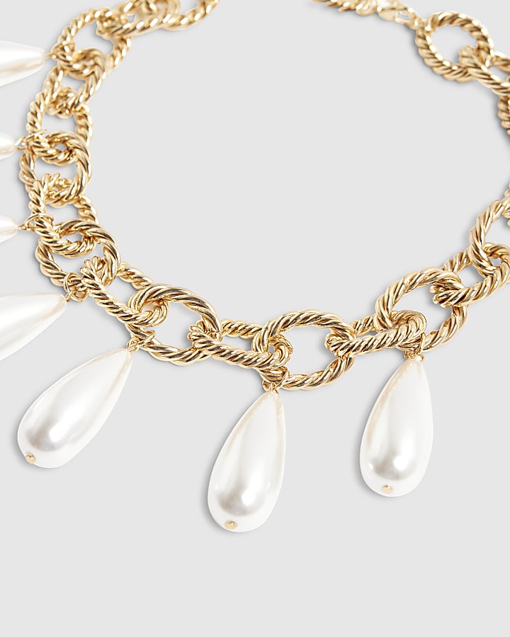 River Island Gold Chain Pearl Collar Necklace