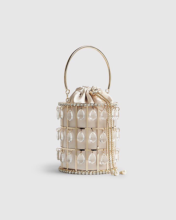 River Island Gold Diamante Cage Basket Bag