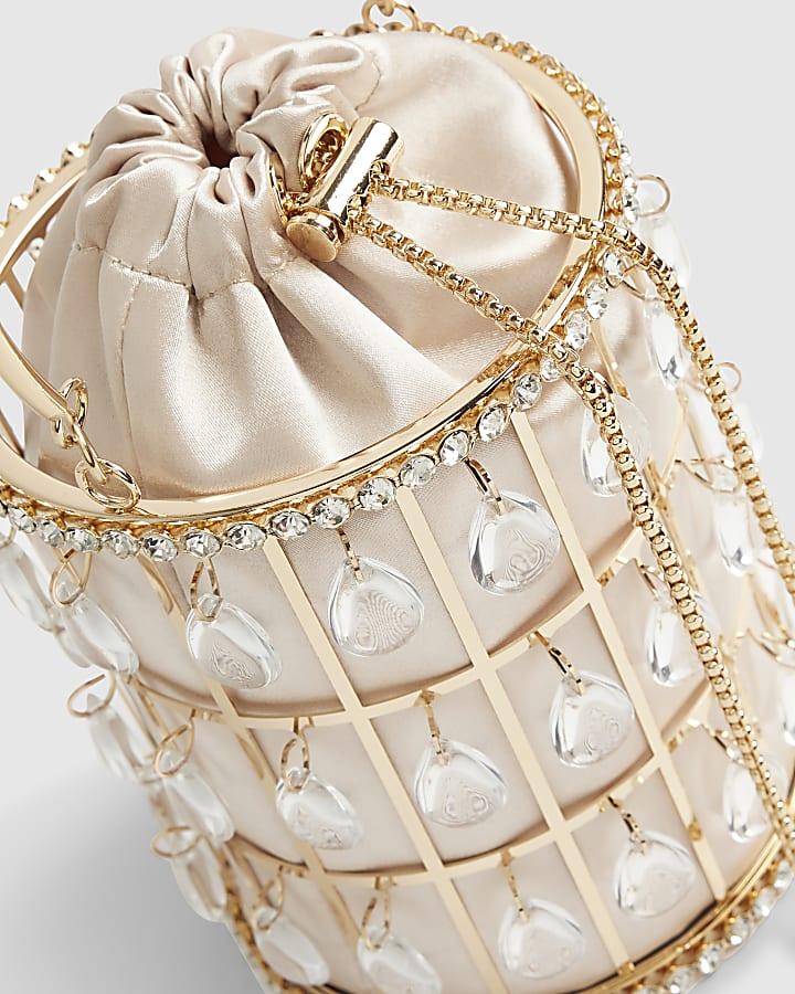 River Island Gold Diamante Cage Basket Bag