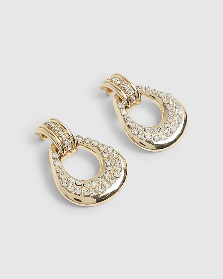River Island Gold Diamante Door Knocker Earrings
