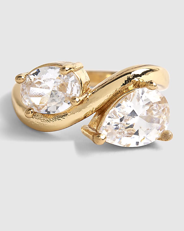 River Island Gold Diamante Double Stone Wave Ring