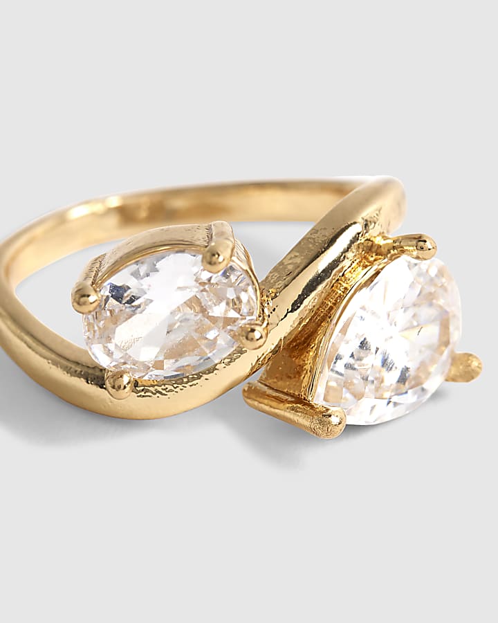 River Island Gold Diamante Double Stone Wave Ring