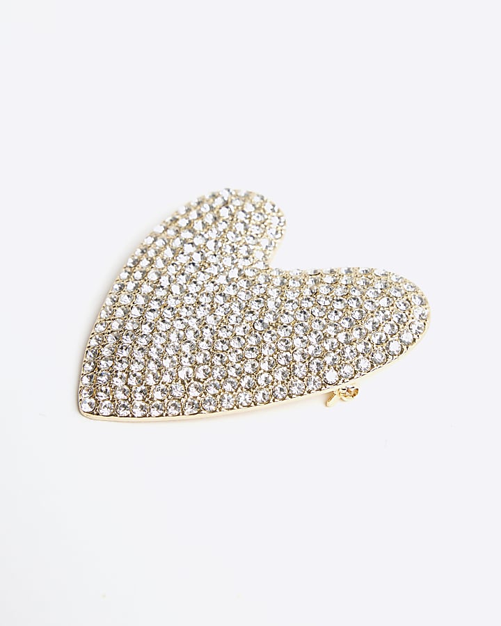 River Island Gold Diamante Paved Heart Brooch