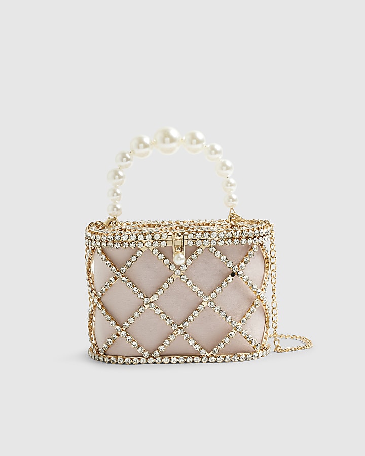 River Island Gold Diamante Pearl Handle Basket Bag