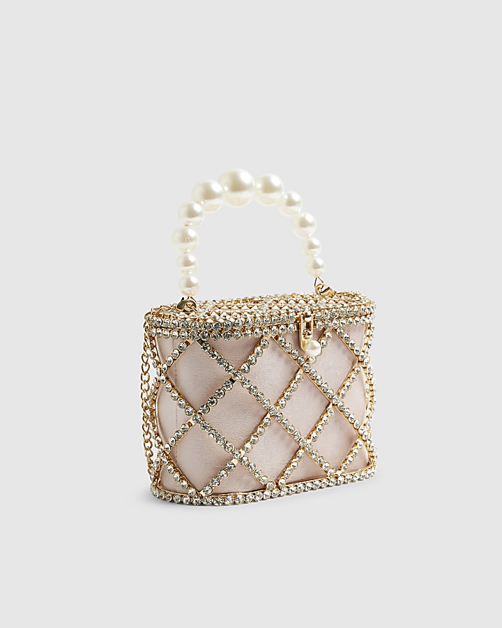 River Island Gold Diamante Pearl Handle Basket Bag