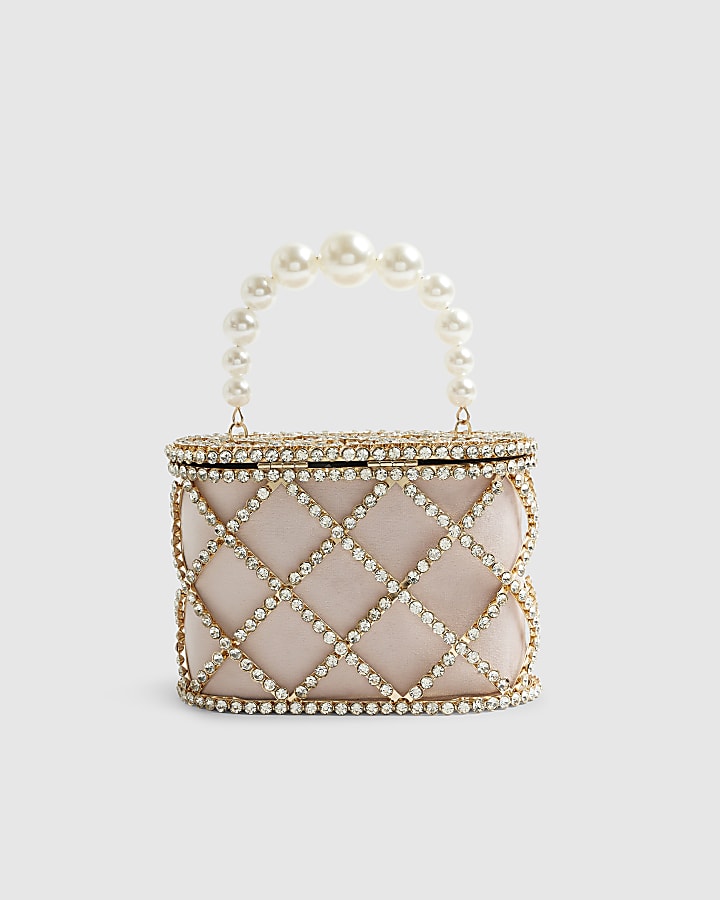 River Island Gold Diamante Pearl Handle Basket Bag