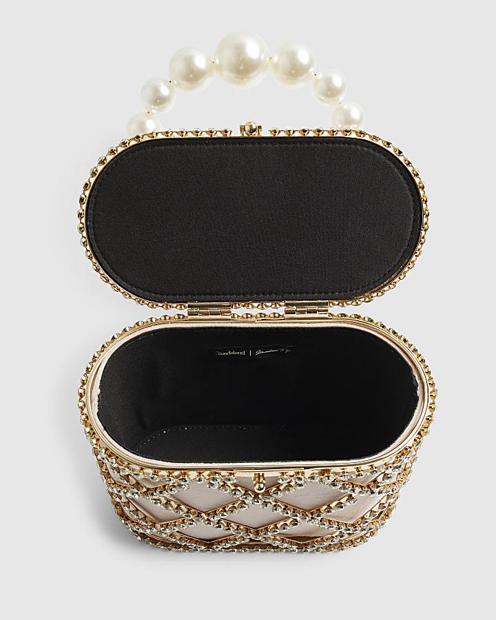 river island Gold Diamante Pearl Handle Basket Bag