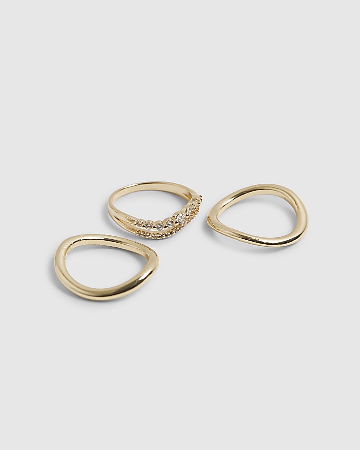 River Island Gold Diamante Wave Rings 3 Pack