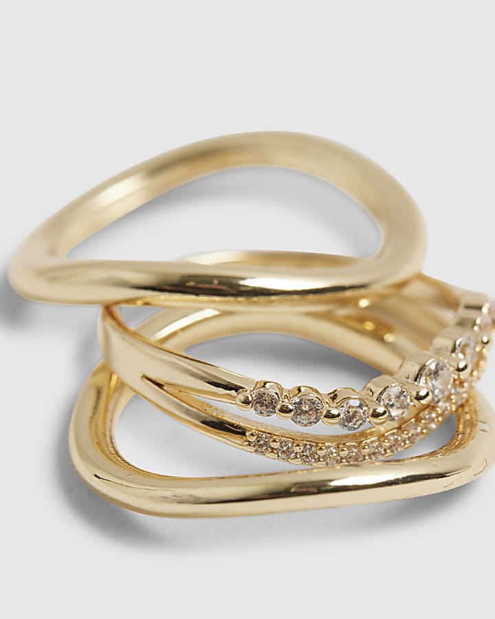 River Island Gold Diamante Wave Rings 3 Pack