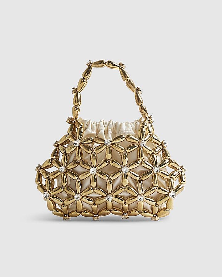 River Island Gold Flower Beaded Clutch Bag