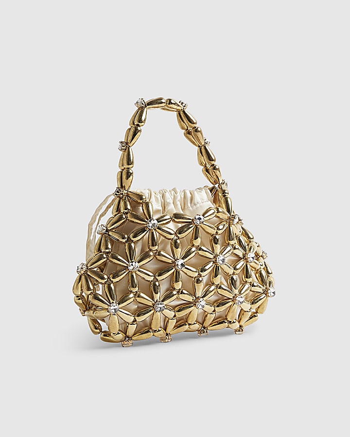River Island Gold Flower Beaded Clutch Bag
