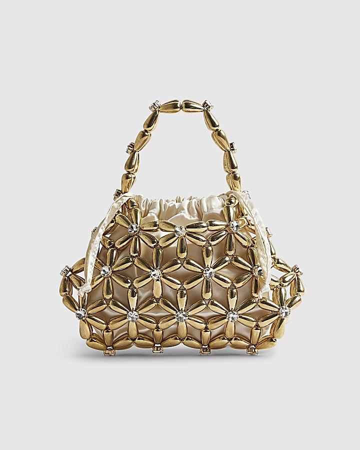 River Island Gold Flower Beaded Clutch Bag