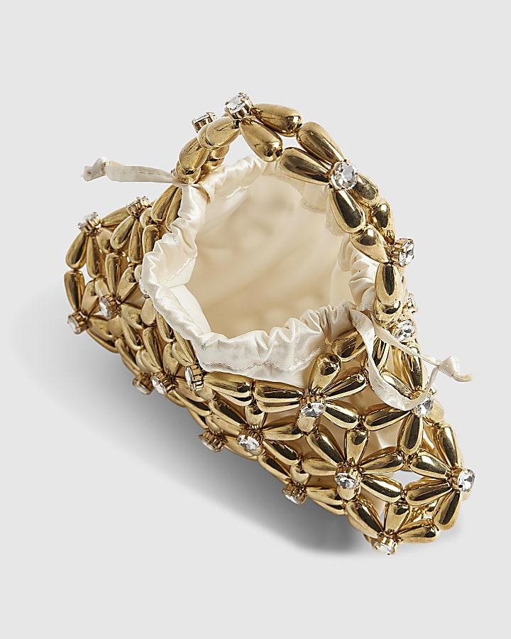 river island Gold Flower Beaded Clutch Bag