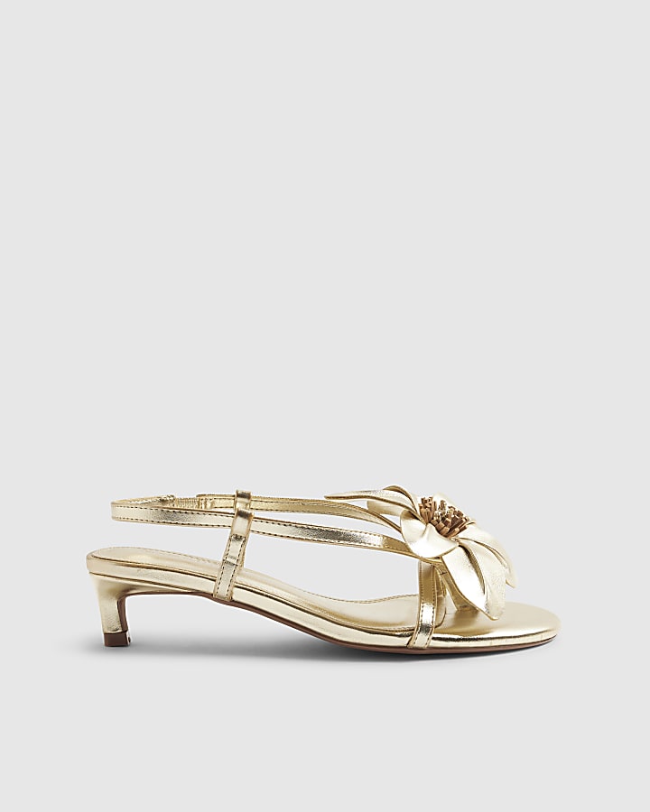 River Island Gold Kitten Heeled Flower Sandals