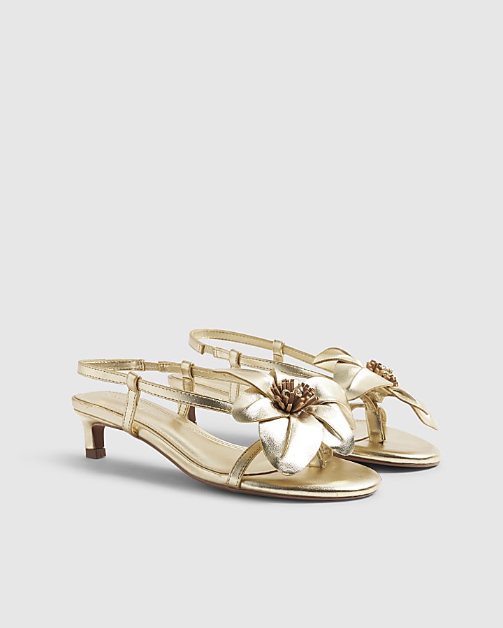 River Island Gold Kitten Heeled Flower Sandals
