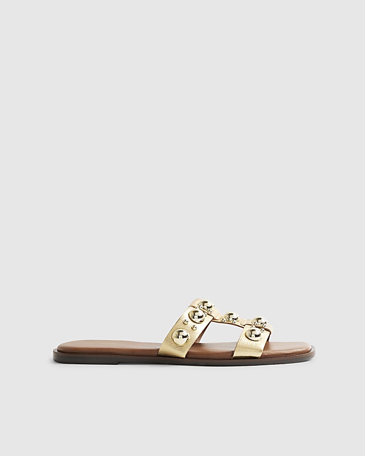 River Island Gold Leather Studded Flat Sandals