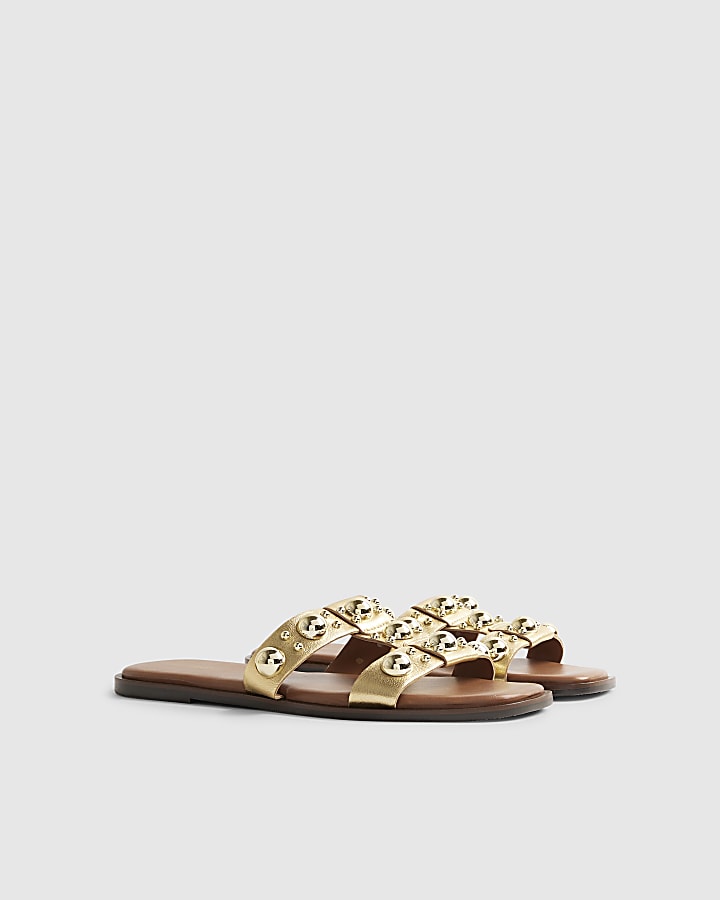River Island Gold Leather Studded Flat Sandals