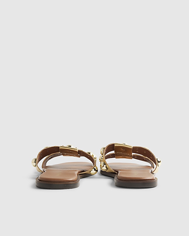 River Island Gold Leather Studded Flat Sandals
