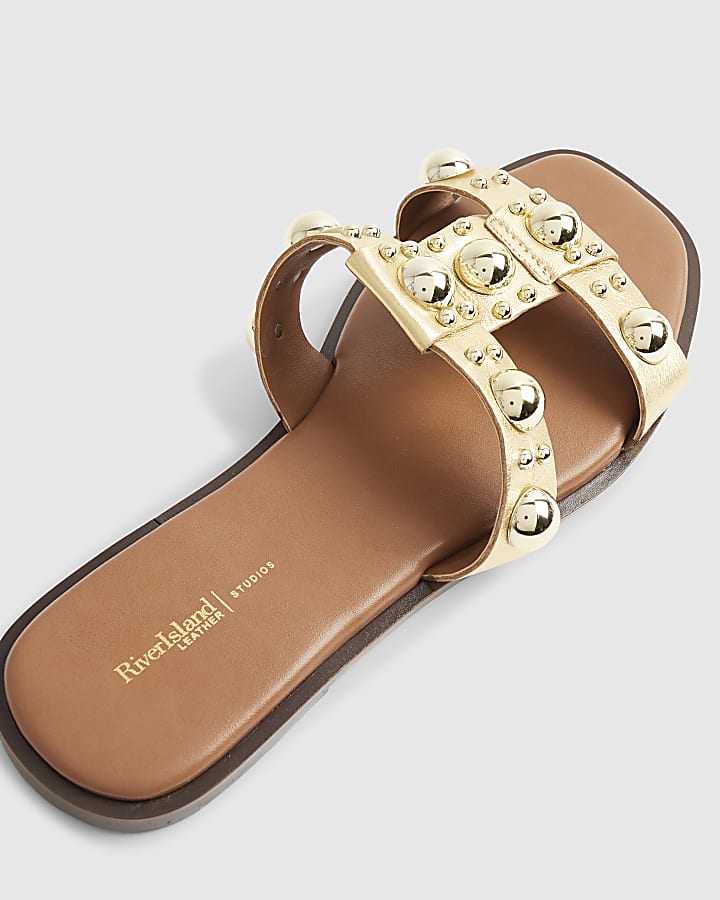 river island Gold Leather Studded Flat Sandals