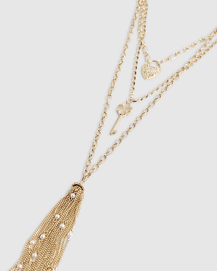 river island Gold Lock And Key Lariat Necklace