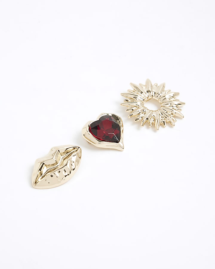 River Island Gold Mixed Lips Broches Pack Of 3