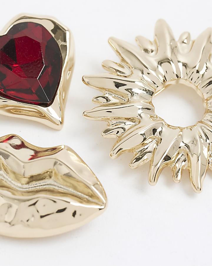 River Island Gold Mixed Lips Broches Pack Of 3