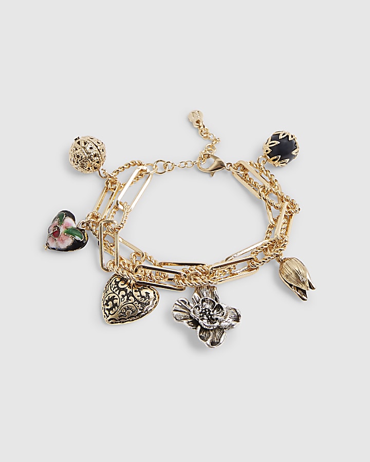 River Island Gold Mixed Metal Charm Chain Bracelet