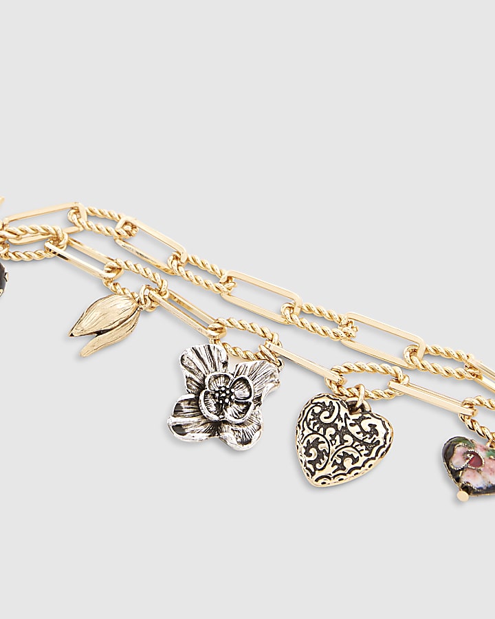 River Island Gold Mixed Metal Charm Chain Bracelet