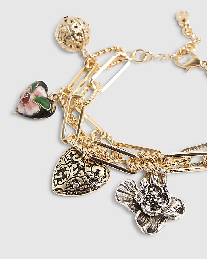 River Island Gold Mixed Metal Charm Chain Bracelet