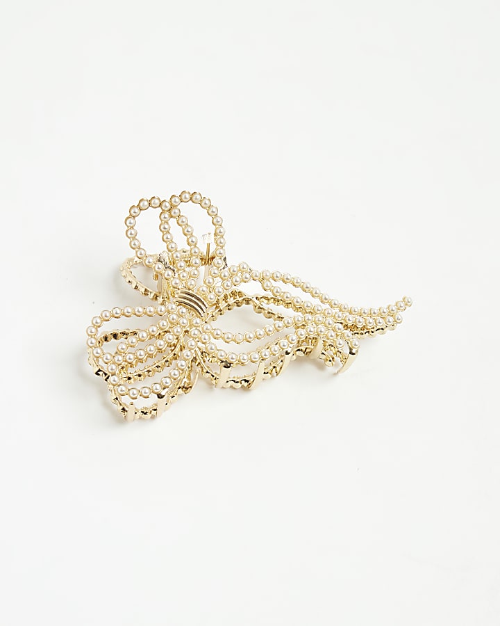 River Island Gold Pearl Bow Claw Hair Clip