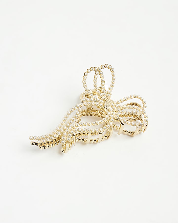 River Island Gold Pearl Bow Claw Hair Clip