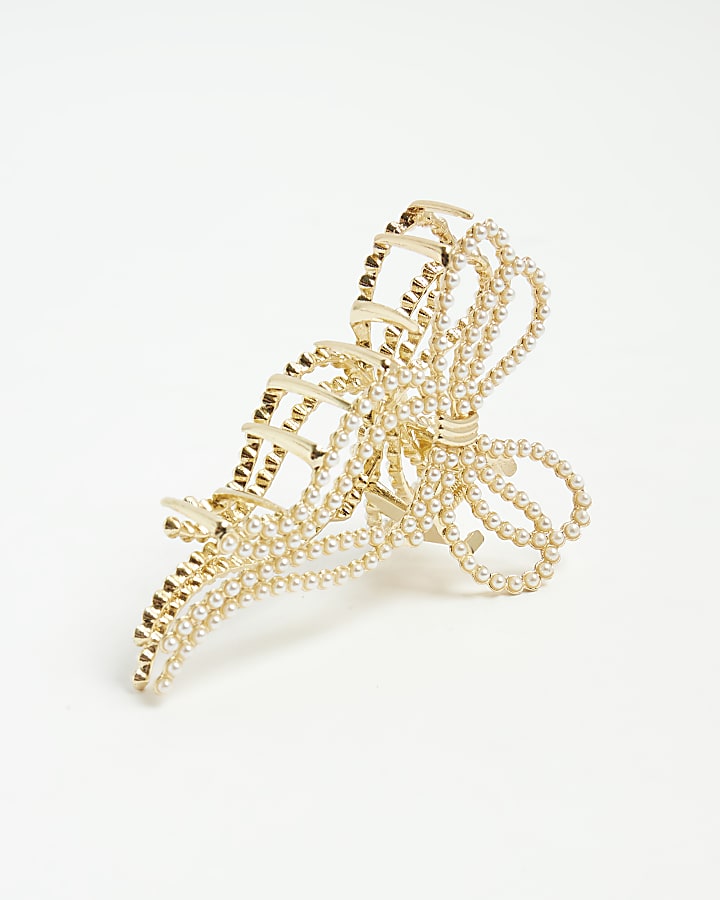 river island Gold Pearl Bow Claw Hair Clip
