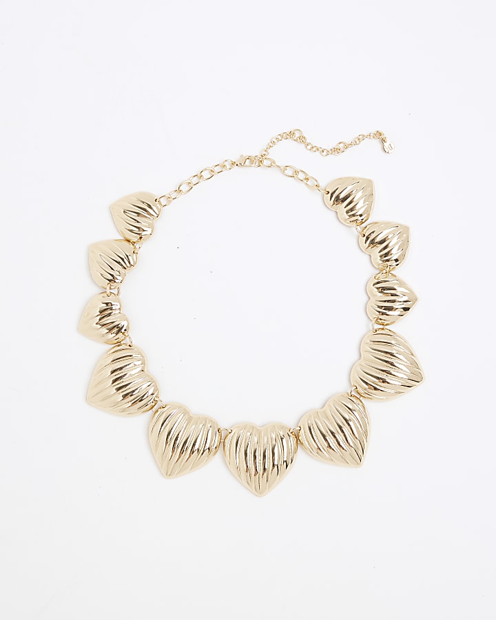 River Island Gold Ridged Heart Collar Necklace