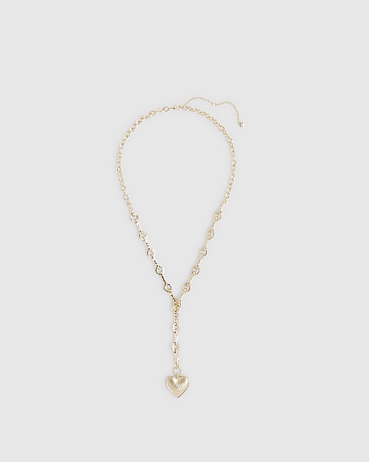 River Island Gold Ridged Heart Pendant Necklace
