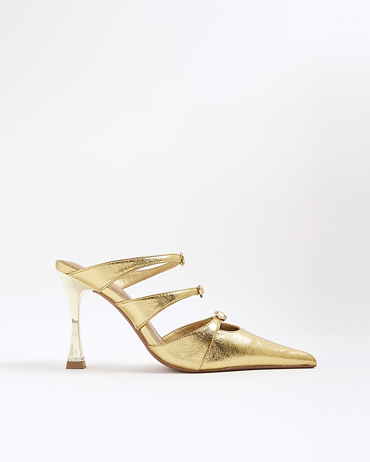 River Island Gold Triple Buckle Heeled Mules