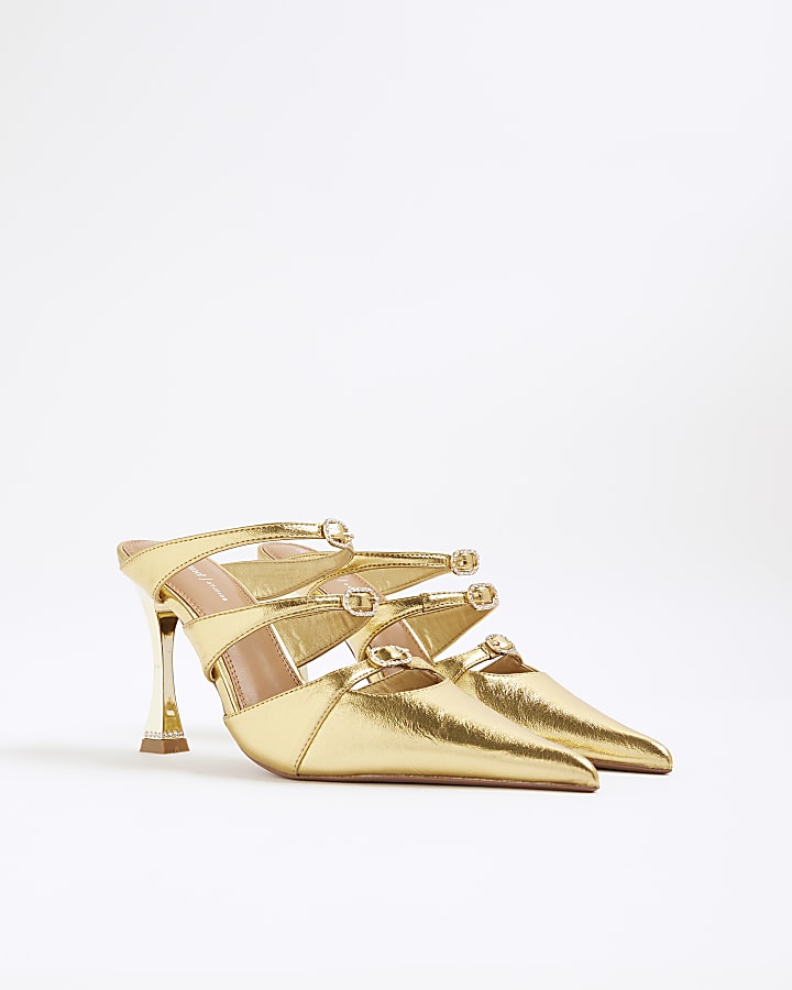 River Island Gold Triple Buckle Heeled Mules