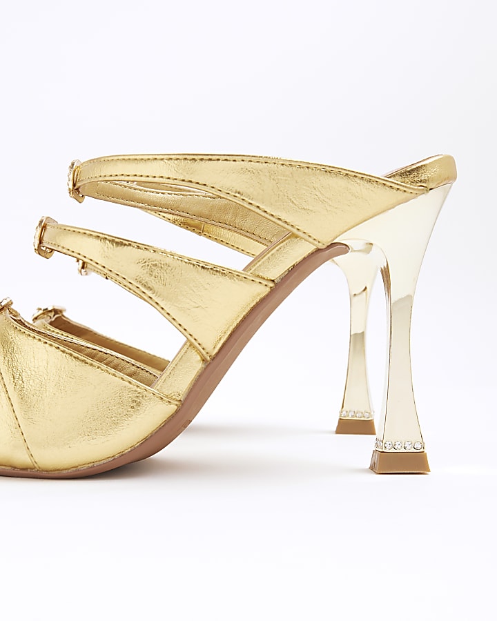river island Gold Triple Buckle Heeled Mules