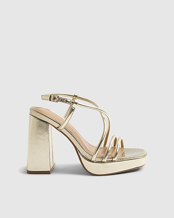 River Island Gold Wide Fit Platform Heeled Sandals