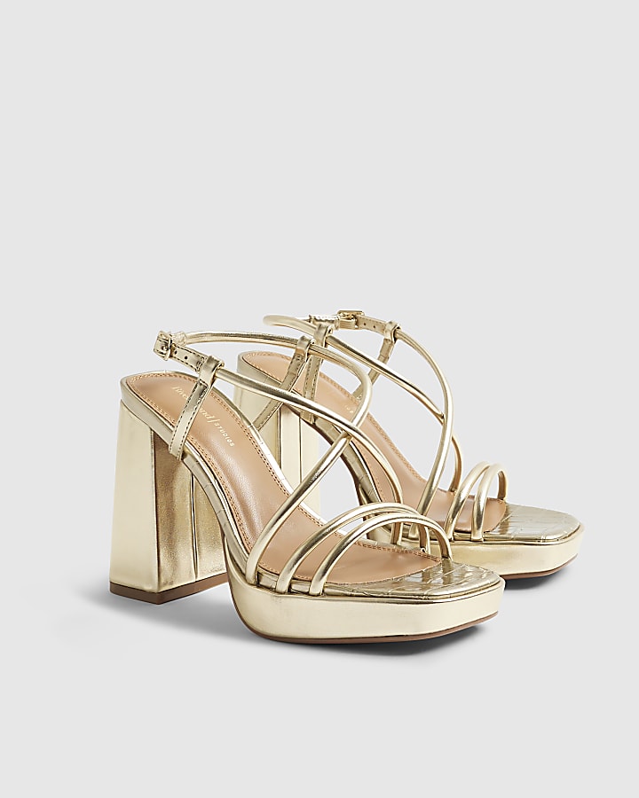 River Island Gold Wide Fit Platform Heeled Sandals