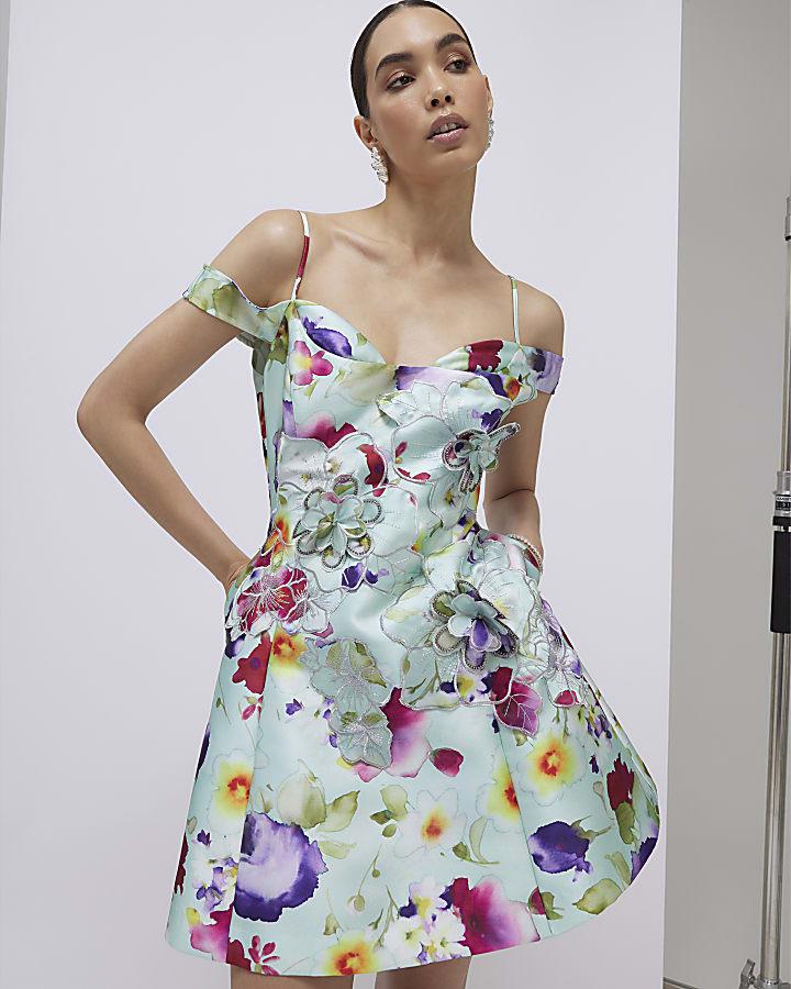 River Island Green 3D Floral Beaded Mini Dress