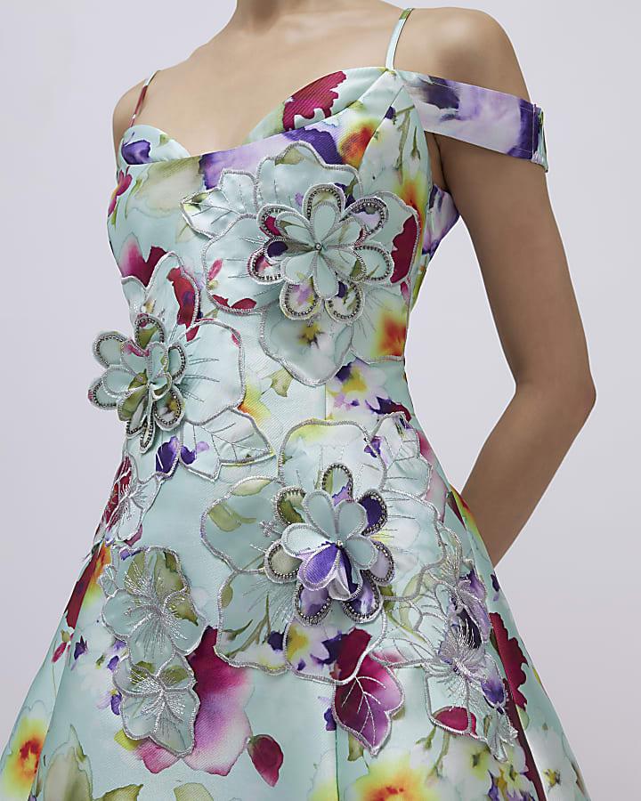 River Island Green 3D Floral Beaded Mini Dress