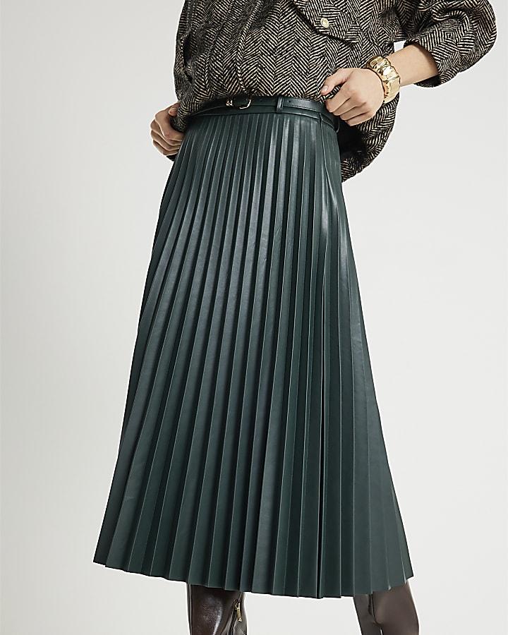 River Island Green Belted Pleated Midi Skirt