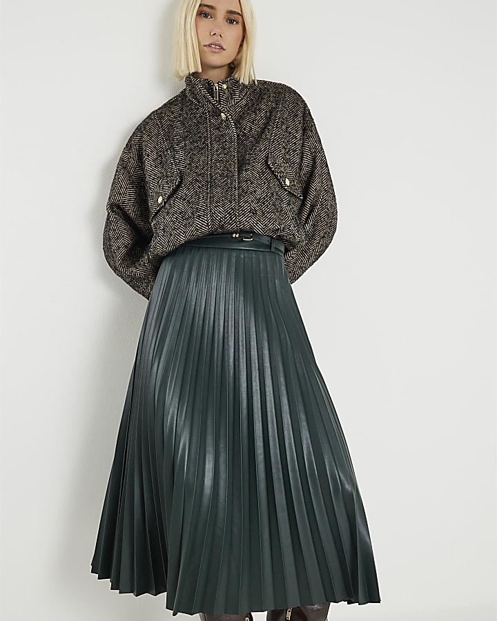 River Island Green Belted Pleated Midi Skirt